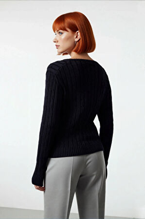 Kadın Lacivert Saç Örgü V Yaka Triko Kazak Regular Kalıp Uzun Kol Basic Günlük Şıklık Kaliteli