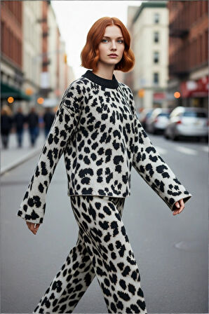 Kadınlar İçin Oversize Kalıp Leopar Desenli Düşük Kol Bisiklet Yaka Triko Kazak Kışlık Rahat Şıklık