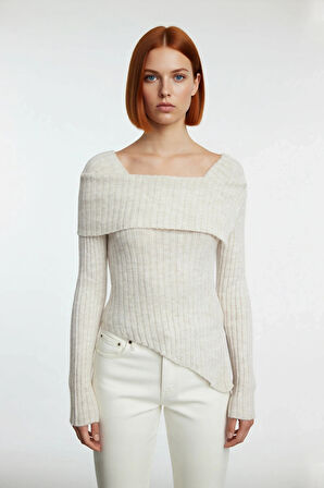 Kadın Fitted Asimetrik Etek Ucu Carmen Yaka Uzun Kollu Triko Kazak Bahar Şıklığı Sunar Kaliteli