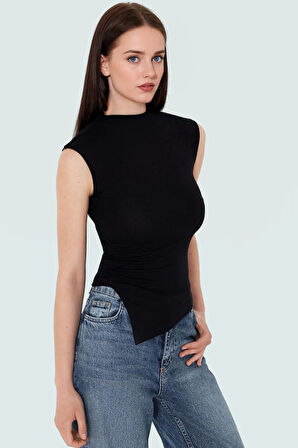 Asimetrik Kolsuz Bluz Viskoz Elastan Yazlık Fitted Dik Yaka Şık Görünüm Günlük Kullanım İçin