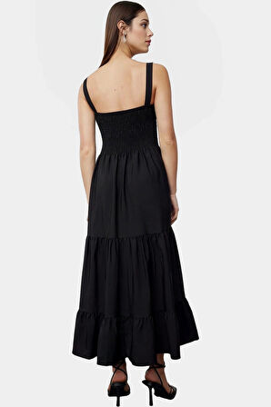 Yazlık Maxi Elbise Dokuma Terrycotton Kumaş Kare Yaka Gündüz Gece Profesyonel Görünüm Seçkin Malzeme