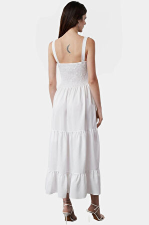 Yazlık Maxi Elbise Dokuma Terrycotton Kumaş Kare Yaka Gündüz Gece Profesyonel Görünüm Seçkin Malzeme