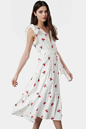 Yazlık Çiçek Desenli Midi Elbise Pamuklu Terrycotton Kumaş Rahat Günlük Stil Şık Görünüm