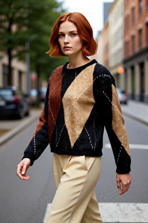 Kadın Oversize Bisiklet Yaka Baklava Desenli Triko Kazak Soğuk Kış Günleri İçin Rahat Şıklık