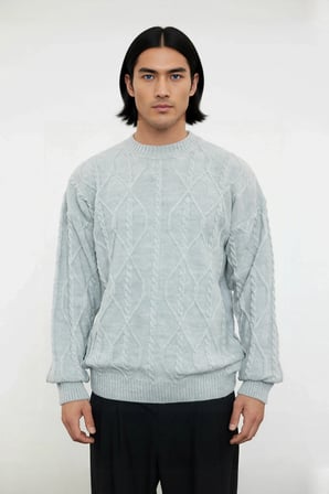 Unisex Oversize Fit Bisiklet Yaka Saç Örgü Uzun Kollu Ekstra Yumuşak Akrilik Karışımlı Triko Kazak