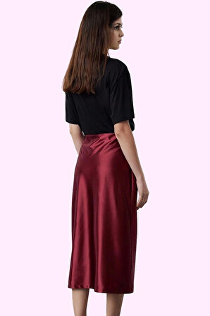 Kadın Midi Boy Saten Etek A Kesim Beli Lastikli Şık Günlük Hafta Sonu Yaz Aylarının Vazgeçilmezi