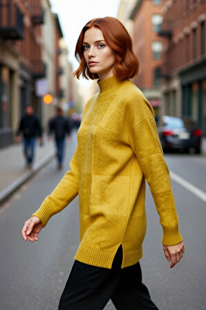 Kadın Regular Kalıp Dik Yaka Geometrik Desenli Uzun Kol Triko Tunik Kazak Soğuk Havalar İçin Şık Ve