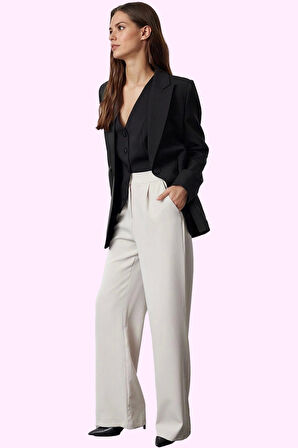 Kadın Geniş Paça Dokuma Pantolon Yüksek Bel Regular Boy Casual Günlük Yaz Aylarının Vazgeçilmezi