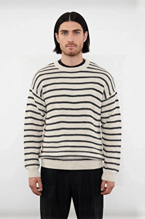 Unisex Oversize Çizgili Bisiklet Yaka Triko Kazak Kış Günleri İçin Rahat Ve Şık Bir Seçim Kaliteli