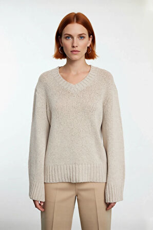 Kadın Oversize V Yaka Basic Triko Kazak Pamuk Polyester Karışımı Uzun Kollu Kışlık Rahat Stili