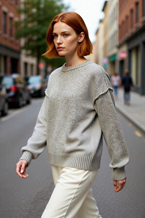 Kadın Oversize Basic Triko Kazak Bisiklet Yaka Uzun Kollu Rahat Kışlık Giyim Modern Kesim Kaliteli