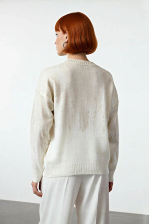 Kadın Oversize Basic Bisiklet Yaka Uzun Kollu Gri Triko Kazak Metalik Dokusuyla Şıklığı Yakala