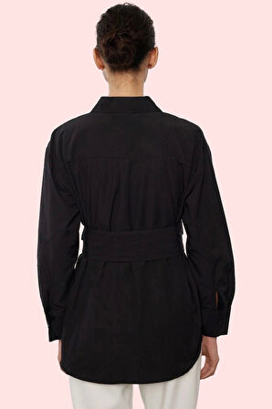 Kadın Oversize Geniş Kalıp Dokuma Gömlek Kemer Detaylı Basic Günlük Yaz Aylarının Vazgeçilmezi