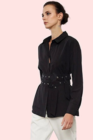 Kadın Oversize Geniş Kalıp Dokuma Gömlek Kemer Detaylı Basic Günlük Yaz Aylarının Vazgeçilmezi