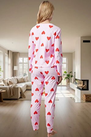 Kadın Kalpli Desenli Pamuklu Pijama Takımı Kış Mevsimi İçin Rahat Uyku Konforlu Kesim