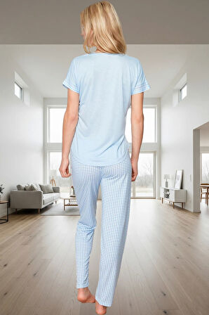 Kadın Ekose Desenli Rahat Pijama Takımı Viskoz Polyester Zarif Tasarım Premium Kalite