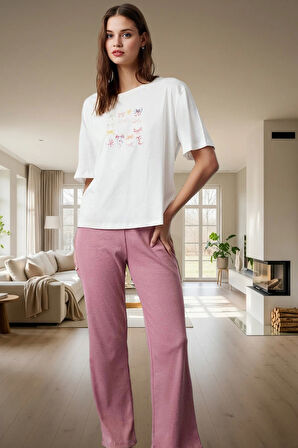 Kadın Rahat Pamuklu Pijama Takımı Kurdele Baskılı Örme Kumaş Modern Stil Seçkin Malzeme