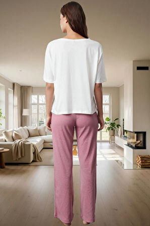 Kadın Rahat Pamuklu Pijama Takımı Kurdele Baskılı Örme Kumaş Modern Stil Seçkin Malzeme