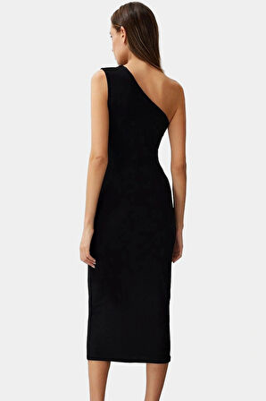 Tek Omuzlu Midi Kalem Elbise Örme Kumaş Bodycon Günlük Şık Rahat Kullanım Seçkin Malzeme