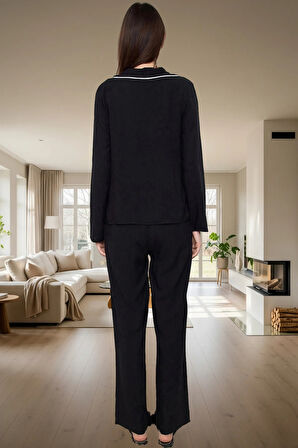 Kadın Viskon Dokuma Pijama Takımı Kurdele Fiyonk Detaylı Rahat Kalıp Şık Görünüm Modern Stil