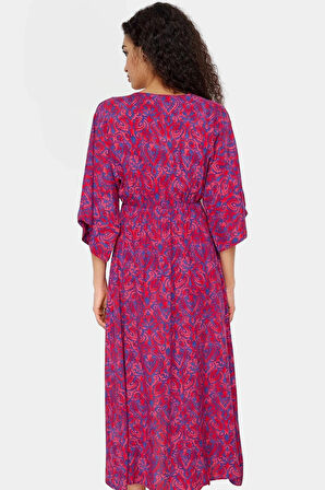 Çok Etnik Desenli Midi Viskoz Elbise A Kesim Truvakar Kol Yazlık Seçkin Malzeme