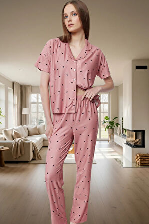 Kadın Kalpli Örme Pijama Takımı Rahat Şık Kısa Kollu Regular Kalıp Premium Kalite Seçkin Malzeme