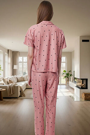 Kadın Kalpli Örme Pijama Takımı Rahat Şık Kısa Kollu Regular Kalıp Premium Kalite Seçkin Malzeme