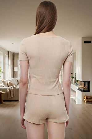 Kadın Yazlık Kısa Kollu Regular Kalıp Pamuk Polyester Pijama Takımı Kaliteli İşçilik Uzun Ömürlü