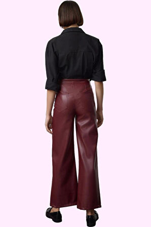 Kadın Geniş Paça Suni Deri Pantolon Yüksek Bel Beli Lastikli Şık Tasarım Dayanıklı Malzeme