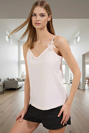 Kadın Rahat Viskoz Örme Pijama Takımı İnce Askılı Puantiyeli Desen Regular Kalıp Zarif Tasarım