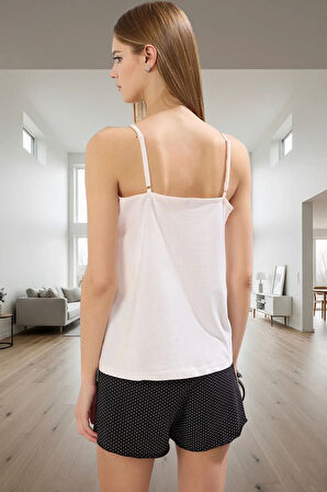 Kadın Rahat Viskoz Örme Pijama Takımı İnce Askılı Puantiyeli Desen Regular Kalıp Zarif Tasarım