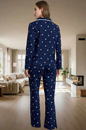 Kadın Kışlık Pamuklu Pijama Takımı Biyeli Desenli Rahat Ev Giyim Seti Günlük Kullanım İçin