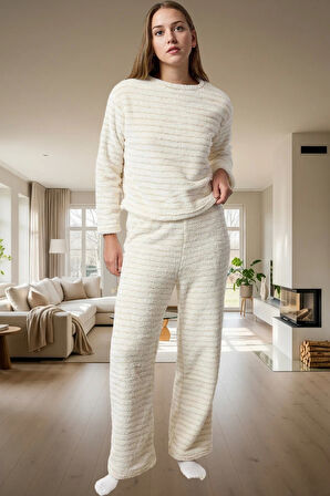 Kadın Kışlık Wellsoft Pijama Takımı Çizgili Lüks Örme Günlük Kullanım İçin Profesyonel Görünüm