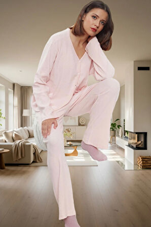 Kadın Kaşkorse Örme Pijama Takımı Kış Mevsimi İçin Rahat Uyku Günlük Kullanım