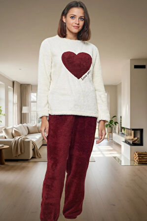 Kadın Kışlık Wellsoft Pijama Takımı Kalpli Rahat Ev Giyim Seti Konforlu Kesim