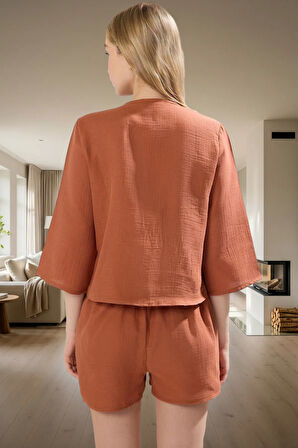 Kadın Pamuklu Müslin Pijama Takımı Şal Yaka Truvakar Kol Geniş Paça Profesyonel Görünüm