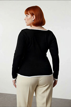 Kadın Siyah Kare Yaka Bodycone Fitted İnce Triko Kazak Standart Kol Günlük Şıklık İçin İdeal