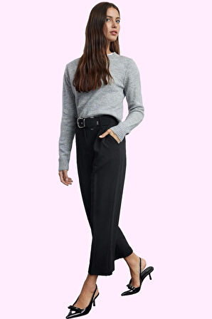 Kadın Yüksek Bel Boru Paça Dokuma Pantolon Kemerli Casual Günlük Kullanım Kaliteli Malzeme