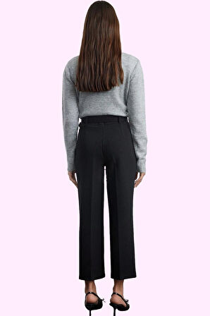 Kadın Yüksek Bel Boru Paça Dokuma Pantolon Kemerli Casual Günlük Kullanım Kaliteli Malzeme