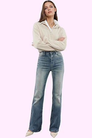 Kadın İspanyol Paça Jeans Uzun Boy Normal Bel Flare Kalıp Günlük Stil Yaz Aylarının Vazgeçilmezi