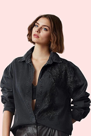 Kadın Denim Gömlek Dantel Detaylı Regular Kalıp Pamuklu Günlük Hafta Sonu Kaliteli Malzeme