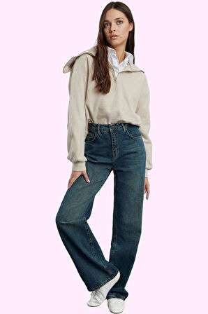 Kadın Yüksek Bel Geniş Paça Jean Pantolon Pamuk Günlük Kullanım Yaz Aylarının Vazgeçilmezi