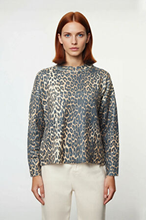 Kadın Oversize Leopar Desenli Bisiklet Yaka Düşük Kollu Akrilik Polyester Triko Kazak Rahat Şıklık