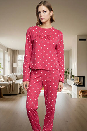 Kadın Kalpli Desenli Pamuklu Pijama Takımı Rahat Ev Giyim Seti Premium Kalite Modern Stil
