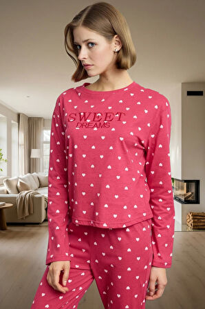 Kadın Kalpli Desenli Pamuklu Pijama Takımı Rahat Ev Giyim Seti Premium Kalite Modern Stil