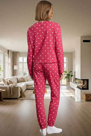 Kadın Kalpli Desenli Pamuklu Pijama Takımı Rahat Ev Giyim Seti Premium Kalite Modern Stil