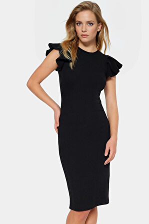 Kadın Pamuklu Bodycon Midi Elbise Volanlı Kollu Rahat Günlük Trend Tasarım Seçkin Malzeme