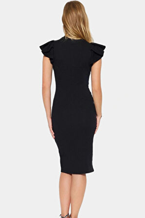 Kadın Pamuklu Bodycon Midi Elbise Volanlı Kollu Rahat Günlük Trend Tasarım Seçkin Malzeme