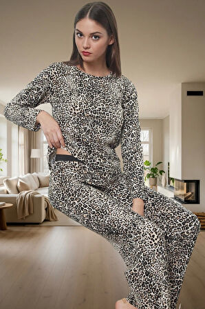 Kadın Şık Leopar Desenli Pamuklu Pijama Takımı Regular Kalıp Geniş Paça Uzun Ömürlü Rahat Kullanım