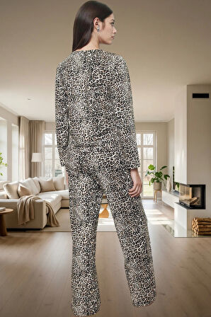 Kadın Şık Leopar Desenli Pamuklu Pijama Takımı Regular Kalıp Geniş Paça Uzun Ömürlü Rahat Kullanım